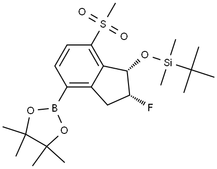 tert-butyl({[(1S,2R)-2-fluoro-7-methanesulfonyl-4-(4,4,5,5-tetramethyl-1,3,2-dioxaborolan-2-yl)-2,3-dihydro-1H-inden-1-yl]oxy})dimethylsilane Struktur