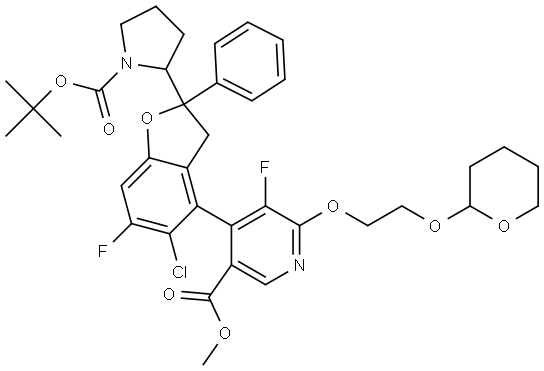 methyl 4-((2S)-2-((S)-1-(tert-butoxycarbonyl)pyrrolidin-2-yl)-5-chloro-6-fluoro-2-phenyl-2,3-dihydrobenzofuran-4-yl)-5-fluoro-6-(2-((tetrahydro-2H-pyran-2-yl)oxy)ethoxy)nicotinate Struktur