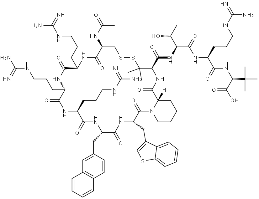 (S)-2-((S)-2-((2S,3R)-2-((3R,8R,11R,14S,17S,20S,23S,29aS)-8-Acetamido-23-(benzo[b]thiophen-3-ylmethyl)-11,14,17-tris(3-guanidinopropyl)-4,4-dimethyl-20-(naphthalen-2-ylmethyl)-1,9,12,15,18,21,24-heptaoxohexacosahydro-2H-pyrido[2,1-g][1,2]dithia[5,8,11,14,17,20,23]heptaazacyclohexacosine-3-carboxamido)-3-hydroxybutanamido)-5-guanidinopentanamido)-3,3-dimethylbutanoic acid Struktur