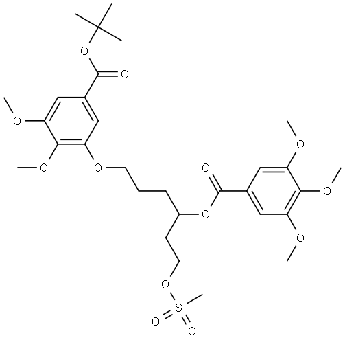 6-(5-(tert-butoxycarbonyl)-2,3-dimethoxyphenoxy)-1-((methylsulfonyl)oxy)hexan-3-yl 3,4,5-trimethoxybenzoate Struktur