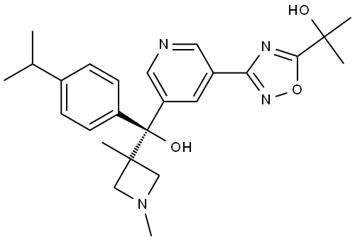 3-Pyridinemethanol, α-(1,3-dimethyl-3-azetidinyl)-5-[5-(1-hydroxy-1-methylethyl)-1,2,4-oxadiazol-3-yl]-α-[4-(1-methylethyl)phenyl]-, (αR)- Struktur