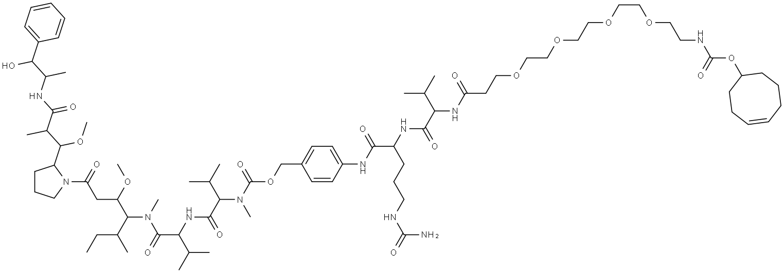 L-Valinamide, N-[[[4-[[N-[17-[(4E)-4-cycloocten-1-yloxy]-1,17-dioxo-4,7,10,13-tetraoxa-16-azaheptadec-1-yl]-L-valyl-N5-(aminocarbonyl)-L-ornithyl]amino]phenyl]methoxy]carbonyl]-N-methyl-L-valyl-N-[(1S,2R)-4-[(2S)-2-[(1R,2R)-3-[[(1R,2S)-2-hydroxy-1-methyl-2-phenylethyl]amino]-1-methoxy-2-methyl-3-oxo... Struktur