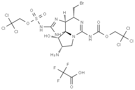 2,2,2-trichloroethyl ((3aS,4R,9S,10S,10aS)-9-amino-4-(bromomethyl)-10-hydroxy-6-(((2,2,2-trichloroethoxy)carbonyl)imino)hexahydro-1H,8H-pyrrolo[1,2-c]purin-2(3H)-ylidene)sulfamate 2,2,2-trifluoroacetate Struktur