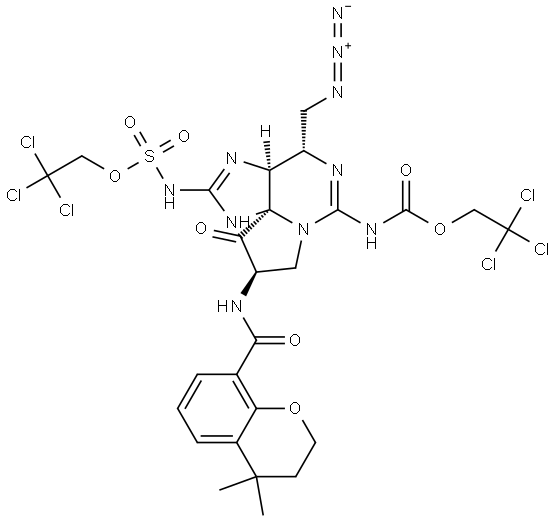 2,2,2-trichloroethyl ((3aS,4S,9R,10aS)-4-(azidomethyl)-9-(4,4-dimethylchromane-8-carboxamido)-10-oxo-6-(((2,2,2-trichloroethoxy)carbonyl)amino)-3a,4,9,10-tetrahydro-1H,8H-pyrrolo[1,2-c]purin-2-yl)sulfamate Struktur