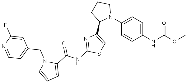 methyl N-[4-[(2R)-2-[2-[[1-[(2-fluoro-4-pyridyl)methyl]pyrrole-2-carbonyl]amino]thiazol-4-yl]pyrrolidin-1-yl]phenyl]carbamate Struktur