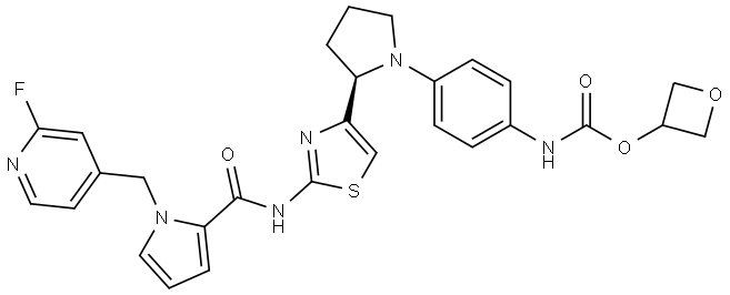 oxetan-3-yl N-[4-[(2R)-2-[2-[[1-[(2-fluoro-4-pyridyl)methyl]pyrrole-2-carbonyl]amino]thiazol-4-yl]pyrrolidin-1-yl]phenyl]carbamate Struktur