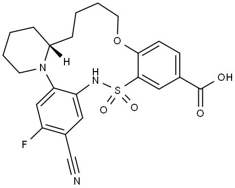 5H,12H-Dibenzo[b,f]pyrido[1,2-h][1,4,5,8]oxathiadiazacyclotridecine-8-carboxylic acid, 3-cyano-2-fluoro-13,14,15,15a,16,17,18,19-octahydro-, 6,6-dioxide, (15aR)- Struktur