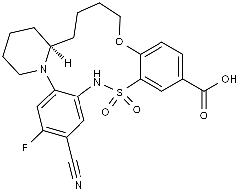 (21S)-5-cyano-4-fluoro-9,9-dioxo-16-oxa-9λ?-thia-1,8-diazatetracyclo[19.4.0.02,?.01?,1?]pentacosa-2,4,6,10,12,14-hexaene-12-carboxylic acid Struktur