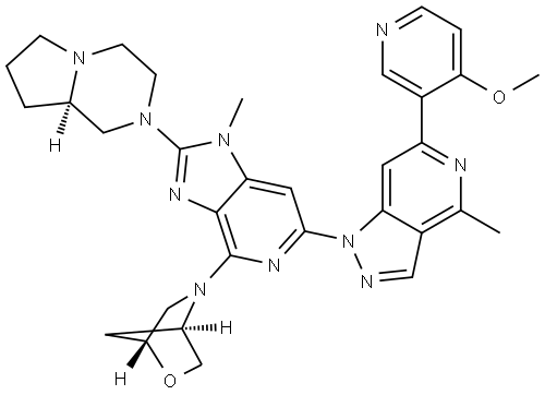 2-Oxa-5-azabicyclo[2.2.1]heptane, 5-[2-[(8aR)-hexahydropyrrolo[1,2-a]pyrazin-2(1H)-yl]-6-[6-(4-methoxy-3-pyridinyl)-4-methyl-1H-pyrazolo[4,3-c]pyridin-1-yl]-1-methyl-1H-imidazo[4,5-c]pyridin-4-yl]-, (1R,4R)- Struktur