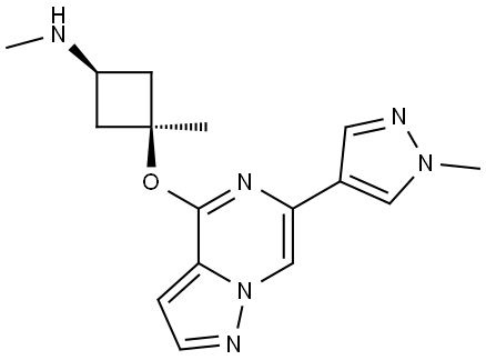 (1s,3s)-N,3-dimethyl-3-((6-(1-methyl-1H-pyrazol-4-yl)pyrazolo[1,5-a]pyrazin-4-yl)oxy)cyclobutan-1-amine Struktur