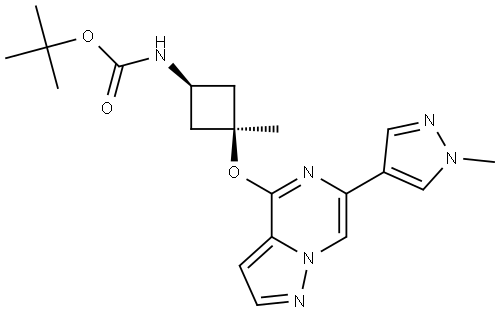 tert-butyl ((1s,3s)-3-methyl-3-((6-(1-methyl-1H-pyrazol-4-yl)pyrazolo[1,5-a]pyrazin-4-yl)oxy)cyclobutyl)carbamate Struktur