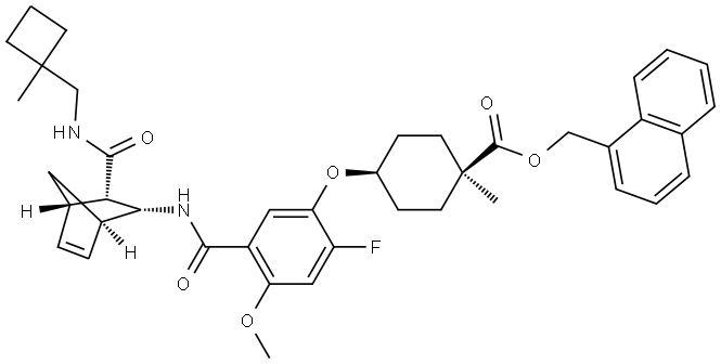 naphthalen-1-ylmethyl (1S,4s)-4-(2-fluoro-4-methoxy-5-(((1R,2R,3S,4S)-3-(((1-methylcyclobutyl)methyl)carbamoyl)bicyclo[2.2.1]hept-5-en-2-yl)carbamoyl)phenoxy)-1-methylcyclohexane-1-carboxylate Struktur