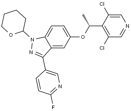 5-[(1R)-1-(3,5-dichloropyridin-4-yl)ethoxy]-3-(6-fluoropyridin-3-yl)-1-(oxan-2-yl)-1H-indazole Struktur