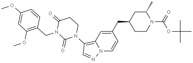 tert-butyl (2S,4R)-4-((3-(3-(2,4-dimethoxybenzyl)-2,4-dioxotetrahydropyrimidin-1(2H)-yl)pyrazolo[1,5-a]pyridin-5-yl)methyl)-2-methylpiperidine-1-carboxylate Struktur