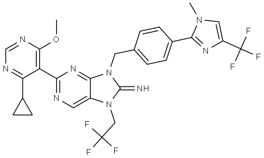 2-(4-cyclopropyl-6-methoxypyrimidin-5-yl)-9-(4-(1-methyl-4-(trifluoromethyl)-1H-imidazol-2-yl)benzyl)-7-(2,2,2-trifluoroethyl)-7,9-dihydro-8H-purin-8-imine Struktur