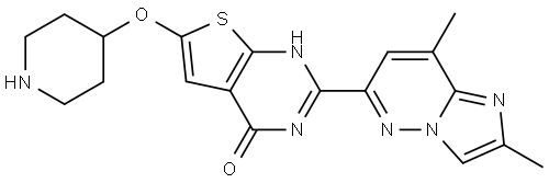 Thieno[2,3-d]pyrimidin-4(1H)-one, 2-(2,8-dimethylimidazo[1,2-b]pyridazin-6-yl)-6-(4-piperidinyloxy)- Struktur