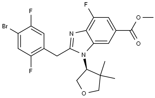 methyl 2-[(4-bromo-2,5-difluorophenyl)methyl]-1-[(3S)-4,4-dimethyloxolan-3-yl]-4-fluoro-1H-1,3-benzodiazole-6-carboxylate Struktur