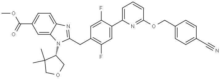 methyl 2-[(4-{6-[(4-cyanophenyl)methoxy]pyridin-2-yl}-2,5-difluorophenyl)methyl]-1-[(3S)-4,4-dimethyloxolan-3-yl]-1H-1,3-benzodiazole-6-carboxylate Struktur