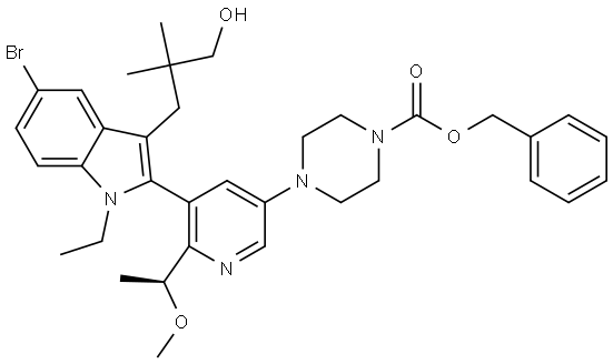 benzyl (S)-4-(5-(5-bromo-1-ethyl-3-(3-hydroxy-2,2-dimethylpropyl)-1H-indol-2-yl)-6-(1-methoxyethyl)pyridin-3-yl)piperazine-1-carboxylate Struktur