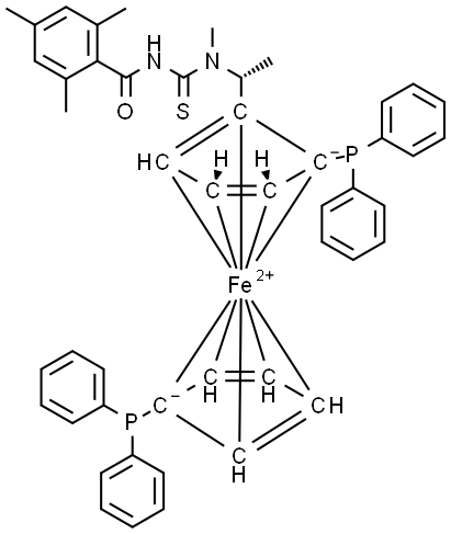 (2R)-1-[(1R)-1-[[[(2,4,6-trimethyl)benzoyl] amino]thioxomethyl] methylamino]ethyl]-1′,2-bis(diphenylphosphino)ferrocene Struktur