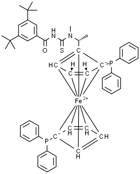 (2R)-1-[(1R)-1-[[[(3,5-di-tert-butyl)benzoyl] amino]thioxomethyl] methylamino]ethyl]-1′,2-bis(diphenylphosphino)ferrocene Struktur