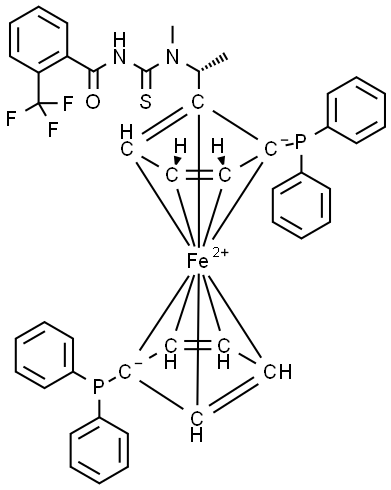 (2R)-1-[(1R)-1-[[[(2-trifluoromethyl)benzoyl]amino]thioxomethyl] methylamino]ethyl]-1′,2-bis(diphenylphosphino)ferrocene Struktur