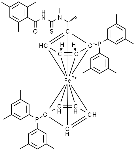 (2R)-1-[(1R)-1-[[[(2,4,6-trimethyl)benzoyl]amino]thioxomethyl] methylamino]ethyl]-1′,2-bis(di(3,5-di-methyl)phenylphosphino)ferrocene Struktur