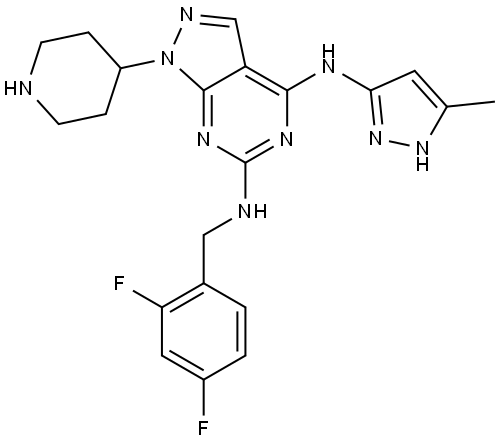 1H-Pyrazolo[3,4-d]pyrimidine-4,6-diamine, N6-[(2,4-difluorophenyl)methyl]-N4-(5-methyl-1H-pyrazol-3-yl)-1-(4-piperidinyl)- Struktur