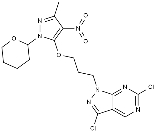 3,6-dichloro-1-(3-((3-methyl-4-nitro-1-(tetrahydro-2H-pyran-2-yl)-1H-pyrazol-5-yl)oxy)propyl)-1H-pyrazolo[3,4-d]pyrimidine Struktur