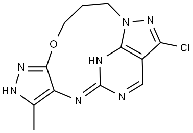 8-Chloro-3-methyl-2,4,12,13-tetrahydro-11H-5,7-(azenometheno)dipyrazolo[3,4-b:5',1'-g][1]oxa[4,6,8]triazacycloundecine Struktur