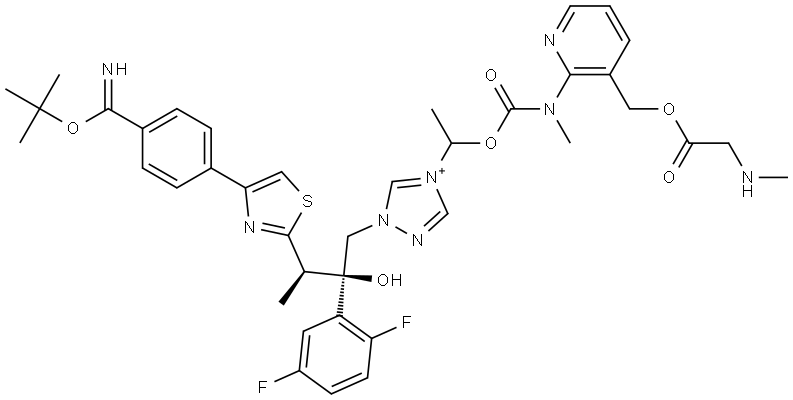 1-((2R,3R)-3-(4-(4-(tert-butoxy(imino)methyl)phenyl)thiazol-2-yl)-2-(2,5-difluorophenyl)-2-hydroxybutyl)-4-(1-((methyl(3-(((methylglycinyl)oxy)methyl)pyridin-2-yl)carbamoyl)oxy)ethyl)-1H-1,2,4-triazol-4-ium Struktur