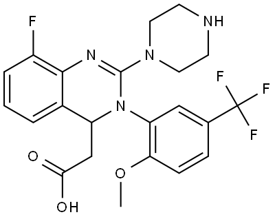 4-Quinazolineacetic acid, 8-fluoro-3,4-dihydro-3-[2-methoxy-5-(trifluoromethyl)phenyl]-2-(1-piperazinyl)- Struktur