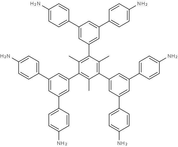 5',5'''-bis(4-aminophenyl)-5''-(4,4''-diamino-[1,1':3',1''-terphenyl]-5'-yl)-2'',4'',6''-trimethyl-[1,1':3',1'':3'',1''':3''',1''''-quinquephenyl]-4,4''''-diamine Struktur