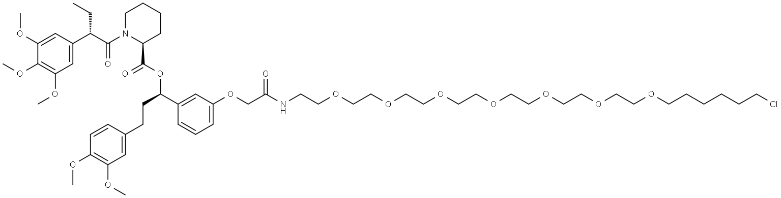 2-Piperidinecarboxylic acid, 1-[(2S)-1-oxo-2-(3,4,5-trimethoxyphenyl)butyl]-, (1R)-1-[3-[(30-chloro-2-oxo-6,9,12,15,18,21,24-heptaoxa-3-azatriacont-1-yl)oxy]phenyl]-3-(3,4-dimethoxyphenyl)propyl ester, (2S)- Struktur