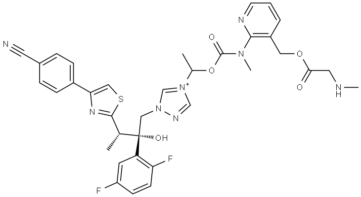 2-[1-[1-[(2S,3S)-3-[4-(4-cyanophenyl)-1,3-thiazol-2-yl]-2-(2,5-difluorophenyl)-2-hydroxybutyl]-1,2,4-triazol-4-ium-4-yl]ethoxycarbonyl-methylamino]pyridin-3-yl]methyl 2-(methylamino)acetate Struktur