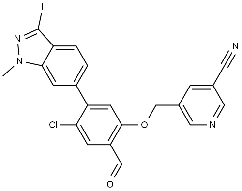 5-((4-chloro-2-formyl-5-(3-iodo-1-methyl-1H-indazol-6-yl)phenoxy)methyl)nicotinonitrile Struktur