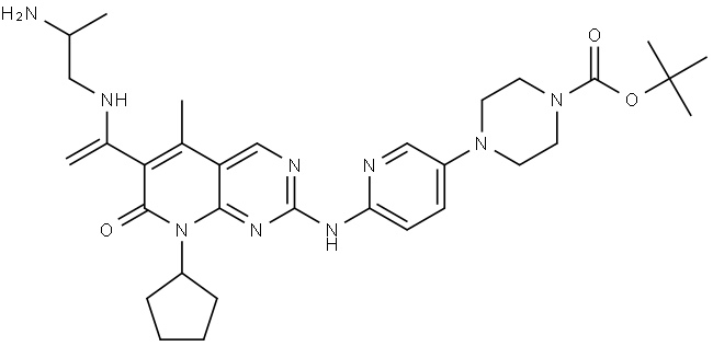 tert-butyl (E)-4-(6-((6-(1-((2-aminopropyl)imino)ethyl)-8-cyclopentyl-5-methyl-7-oxo-7,8-dihydropyrido[2,3-d]pyrimidin-2-yl)amino)pyridin-3-yl)piperazine-1-carboxylate Struktur