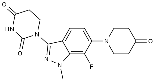 2,4(1H,3H)-Pyrimidinedione, 1-[7-fluoro-1-methyl-6-(4-oxo-1-piperidinyl)-1H-indazol-3-yl]dihydro- Struktur