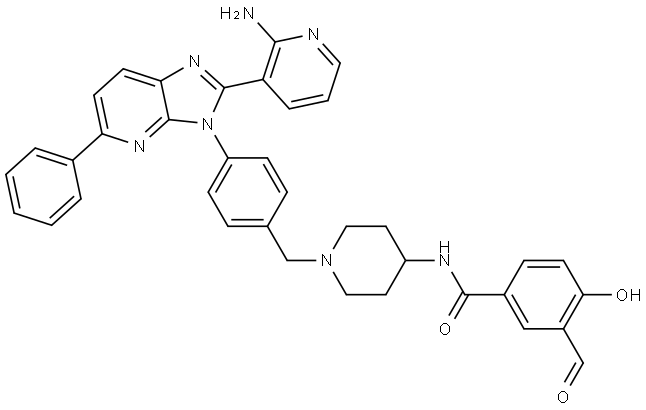 Benzamide, N-[1-[[4-[2-(2-amino-3-pyridinyl)-5-phenyl-3H-imidazo[4,5-b]pyridin-3-yl]phenyl]methyl]-4-piperidinyl]-3-formyl-4-hydroxy- Struktur