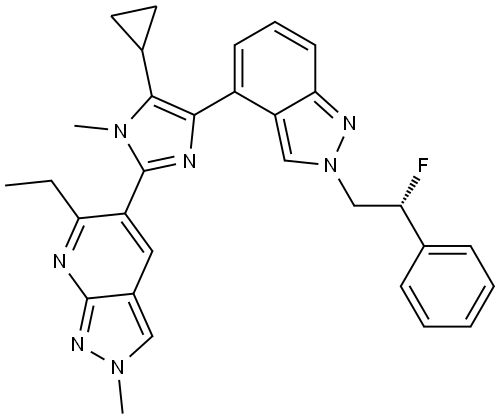 (R)-5-(5-cyclopropyl-4-(2-(2-fluoro-2-phenylethyl)-2H-indazol-4-yl)-1-methyl-1H-imidazol-2-yl)-6-ethyl-2-methyl-2H-pyrazolo[3,4-b]pyridine Struktur