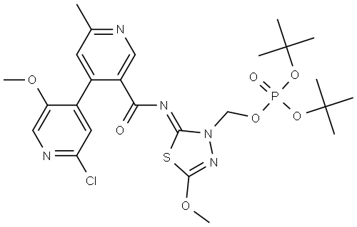 (Z)-di-tert-butyl ((2-((2'-chloro-5'-methoxy-6-methyl-[4,4'-bipyridine]-3-carbonyl)imino)-5-methoxy-1,3,4-thiadiazol-3(2H)-yl)methyl) phosphate Struktur