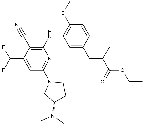 ethyl 3-(3-{[3-cyano-4-(difluoromethyl)-6-[(3S)-3-(dimethylamino)pyrrolidin-1-yl]pyridin-2-yl]amino}-4-(methylsulfanyl)phenyl)-2-methylpropanoate Struktur