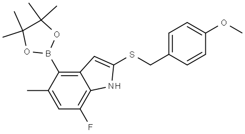 7-fluoro-2-((4-methoxybenzyl)thio)-5-methyl-4-(4,4,5,5-tetramethyl-1,3,2-dioxaborolan-2-yl)-1H-indole Struktur