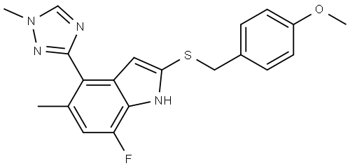 7-fluoro-2-((4-methoxybenzyl)thio)-5-methyl-4-(1-methyl-1H-1,2,4-triazol-3-yl)-1H-indole Struktur