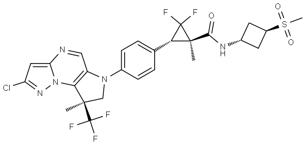 Cyclopropanecarboxamide, 3-[4-[(8R)-2-chloro-7,8-dihydro-8-methyl-8-(trifluoromethyl)-6H-pyrazolo[1,5-a]pyrrolo[2,3-e]pyrimidin-6-yl]phenyl]-2,2-difluoro-1-methyl-N-[trans-3-(methylsulfonyl)cyclobutyl]-, (1R,3S)- Struktur