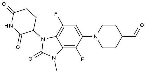 4-Piperidinecarboxaldehyde, 1-[1-(2,6-dioxo-3-piperidinyl)-4,7-difluoro-2,3-dihydro-3-methyl-2-oxo-1H-benzimidazol-5-yl]- Struktur