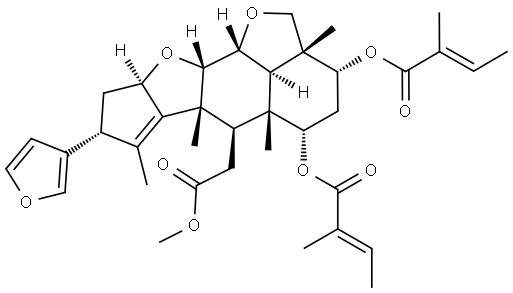 2H,3H-Cyclopenta[d']naphtho[1,8-bc:2,3-b']difuran-6-acetic acid, 8-(3-furanyl)-2a,4,5,5a,6,6a,8,9,9a,10a,10b,10c-dodecahydro-2a,5a,6a,7-tetramethyl-3,5-bis[[(2E)-2-methyl-1-oxo-2-buten-1-yl]oxy]-, methyl ester, (2aR,3R,5S,5aR,6R,6aR,8R,9aR,10aS,10bR,10cR)- Struktur