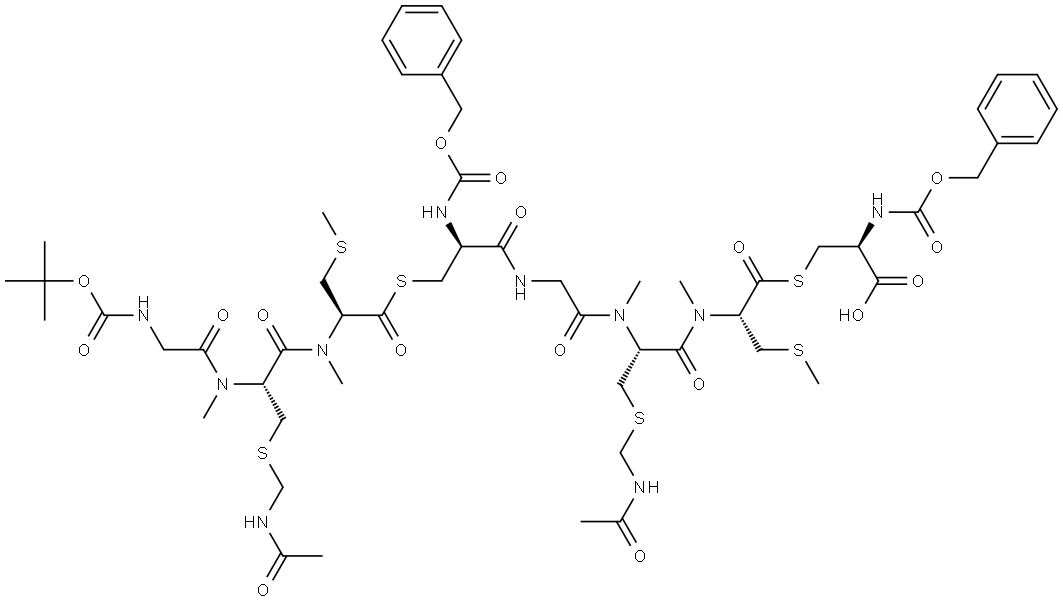 D-Cysteine, S-[N-[(1,1-dimethylethoxy)carbonyl]glycyl-S-[(acetylamino)methyl]-N-methyl-L-cysteinyl-N,S-dimethyl-D-cysteinyl]-N-[(phenylmethoxy)carbonyl]-D-cysteinylglycyl-S-[(acetylamino)methyl]-N-methyl-L-cysteinyl-N,S-dimethylthio-, S-ester with N-[(phenylmethoxy)carbonyl]-D-cysteine (9CI) Struktur