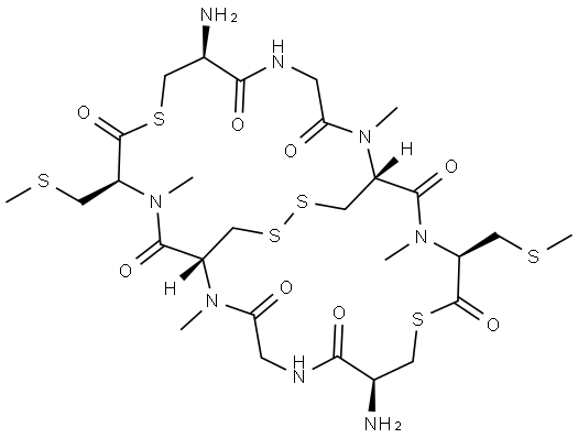 L-Cysteine, D-cysteinylglycyl-N-methyl-L-cysteinyl-N,S-dimethyl-, bimol. (4→1'),(4'→1)-bis(thiolactone), cyclic (3→3')-disulfide (9CI) Struktur