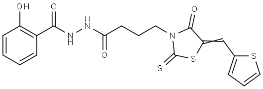 2-HYDROXY-N'-{4-[(5E)-4-OXO-5-(2-THIENYLMETHYLENE)-2-THIOXO-1,3-THIAZOLIDIN-3-YL]BUTANOYL}BENZOHYDRAZIDE Struktur